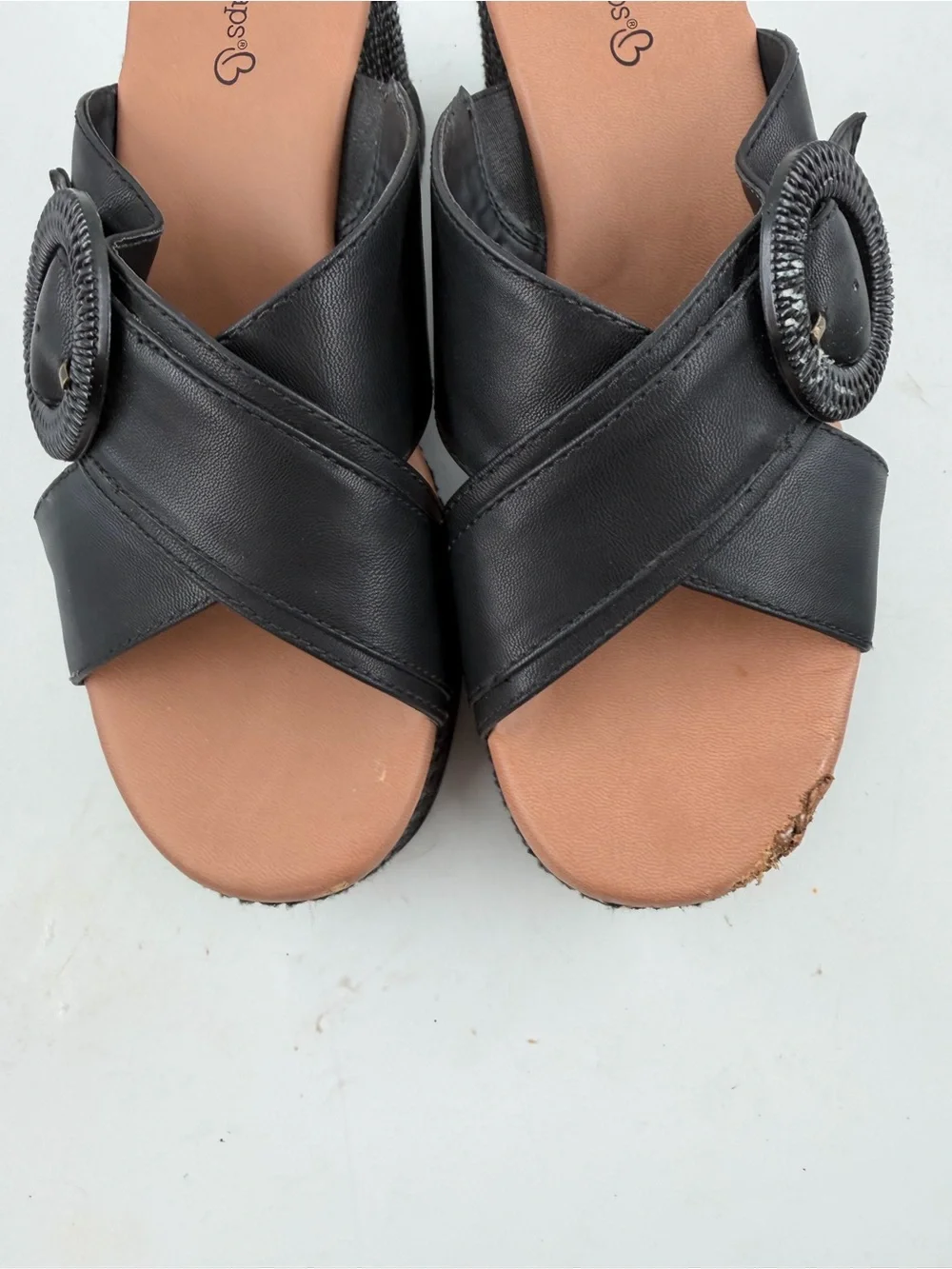 BareTraps Women’s Sydney Black -SZ 7.5- Buckled Cork Platform Wedge Sandals
